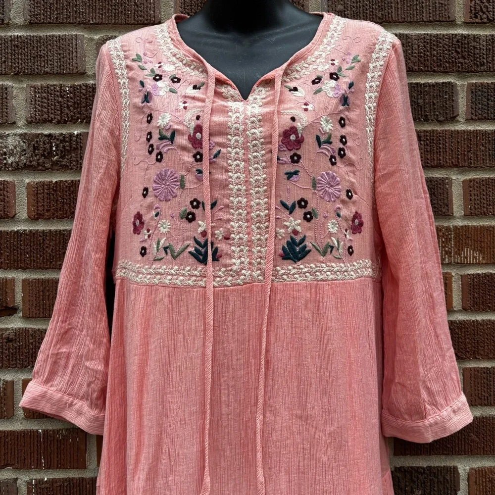 Veveret Embroidered Bohemian Sz L Cottage Prairie Flowy Long Floral Orange Dress